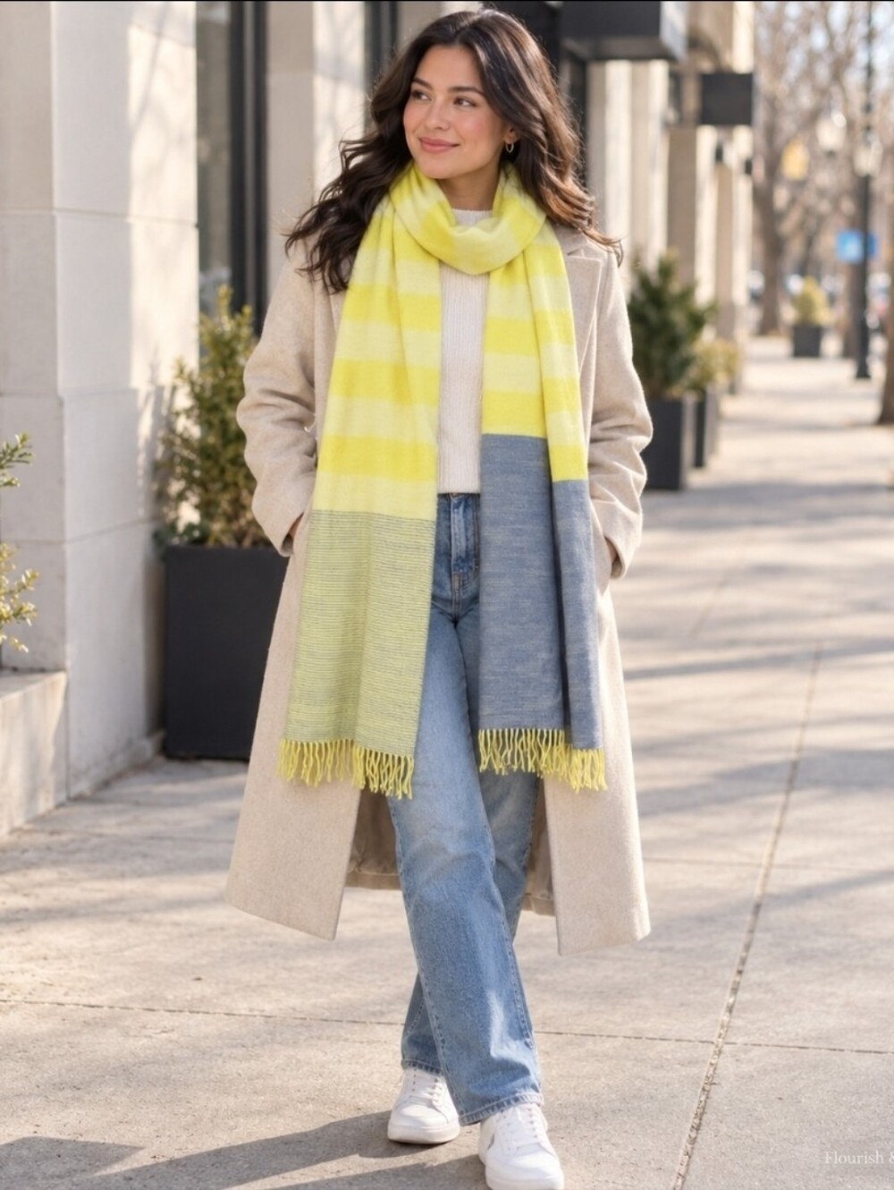 GAP Yellow and Gray Striped Fringed Scarf